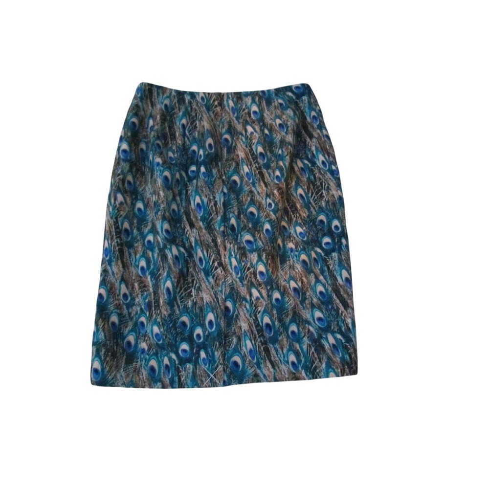 Talbots Pencil Skirt 2P Blue Peacock Feather Print Professional Petite